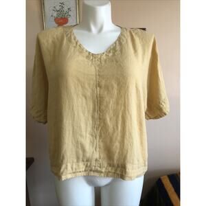 Focus Yellow 100% Linen Lagenlook Oversized Top Large V Neck Short Sleeve